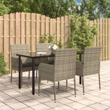   vidaXL 5 részes fekete és szürke polyrattan kerti étkezőszett párnával
