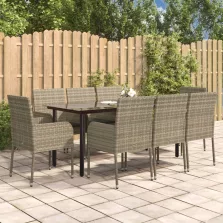   vidaXL 9 részes fekete és szürke polyrattan kerti étkezőszett párnával