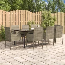   vidaXL 9 részes fekete és szürke polyrattan kerti étkezőszett párnával