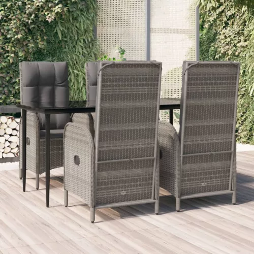 vidaXL 5 részes fekete és szürke polyrattan kerti étkezőszett párnával
