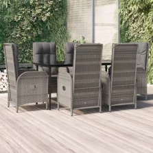   vidaXL 7 részes fekete és szürke polyrattan kerti étkezőszett párnával