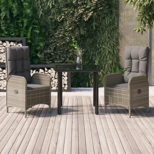 vidaXL 3 részes fekete és szürke polyrattan kerti étkezőszett párnával