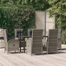   vidaXL 7 részes fekete és szürke polyrattan kerti étkezőszett párnával