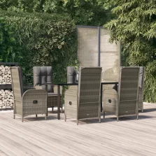   vidaXL 7 részes fekete és szürke polyrattan kerti étkezőszett párnával