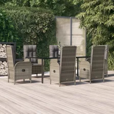   vidaXL 7 részes fekete és szürke polyrattan kerti étkezőszett párnával