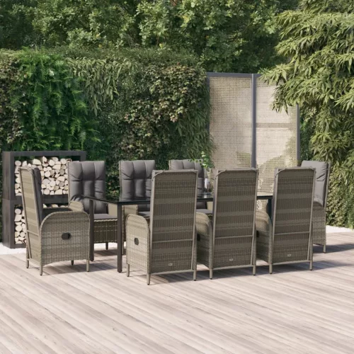 vidaXL 9 részes fekete és szürke polyrattan kerti étkezőszett párnával