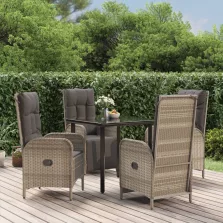   vidaXL 5 részes fekete és szürke polyrattan kerti étkezőszett párnával
