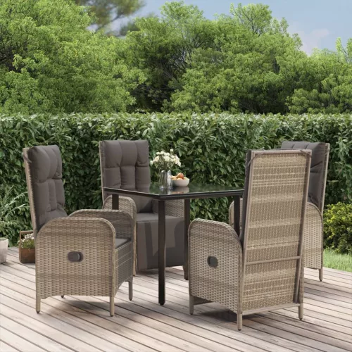 vidaXL 5 részes fekete és szürke polyrattan kerti étkezőszett párnával