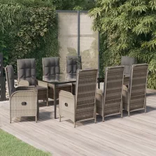   vidaXL 9 részes fekete és szürke polyrattan kerti étkezőszett párnával