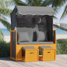   vidaXL fekete-antracitszürke polyrattan és fa strandszék párnával