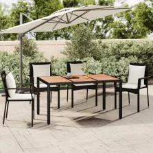   vidaXL fekete polyrattan és tömör akácfa kerti asztal fa asztallappal
