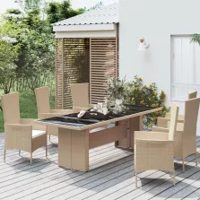   vidaXL tópszínű polyrattan és edzett üveg kerti asztal üveg lappal