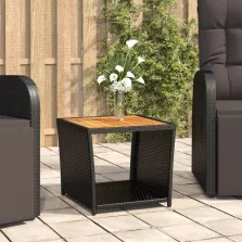   vidaXL fekete polyrattan és tömör akácfa teázóasztal fa asztallappal