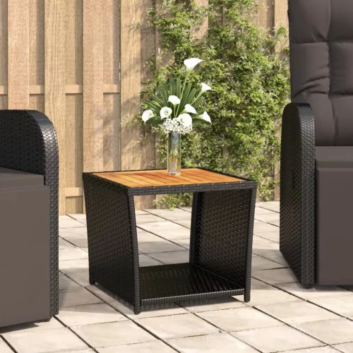 vidaXL fekete polyrattan és tömör akácfa teázóasztal fa asztallappal