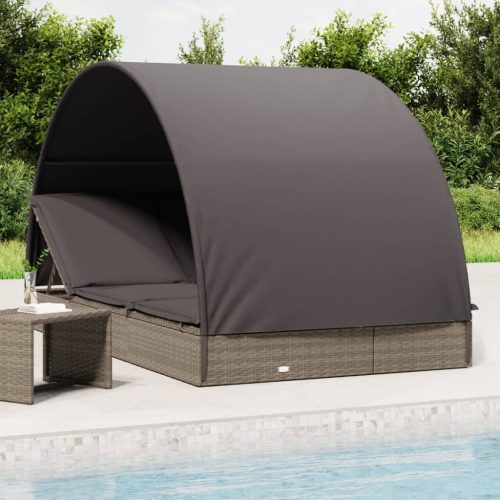 vidaXL 2 személyes szürke polyrattan napágy kerek tetővel 211x112x140