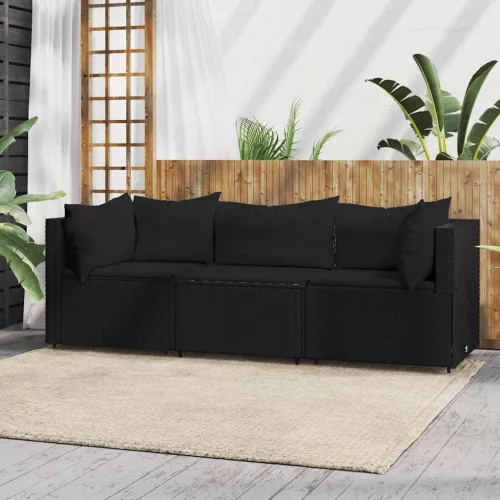 vidaXL 3 részes fekete polyrattan kerti ülőgarnitúra párnákkal