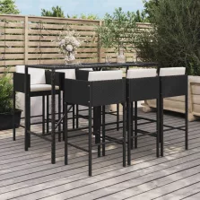   vidaXL 7 részes fekete polyrattan kerti bárszett párnákkal