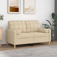   vidaXL 2 személyes krémszínű szövet kanapé díszpárnákkal 120 cm