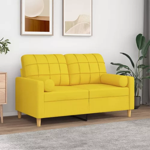 vidaXL 2 személyes világossárga szövet kanapé díszpárnákkal 120 cm