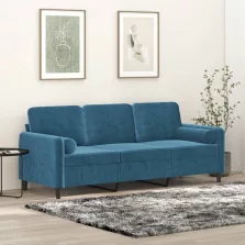   vidaXL 3 személyes kék bársony kanapé díszpárnákkal 180 cm
