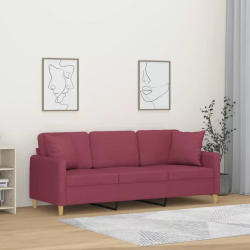 vidaXL 3 személyes bordó szövetkanapé díszpárnákkal 180 cm