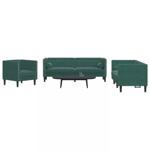 vidaXL 3 részes sötétzöld bársony Chesterfield kanapészett párnákkal
