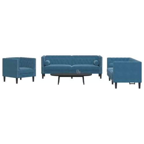 vidaXL 3 részes kék bársony Chesterfield kanapészett hengerpárnákkal