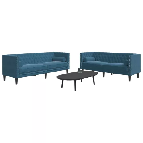 vidaXL 2 részes kék bársony Chesterfield kanapészett hengerpárnákkal
