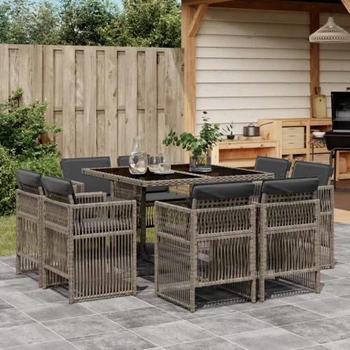 vidaXL 9 részes szürke polyrattan kerti étkezőgarnitúra párnával