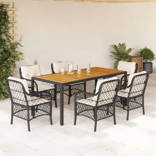 vidaXL 7 részes fekete polyrattan kerti étkezőgarnitúra párnával