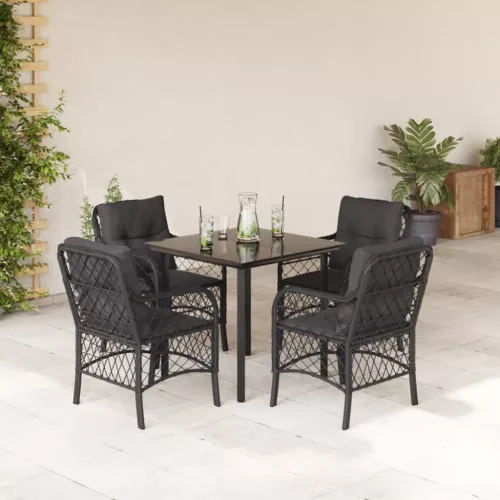 vidaXL 5 részes fekete polyrattan kerti étkezőgarnitúra párnákkal
