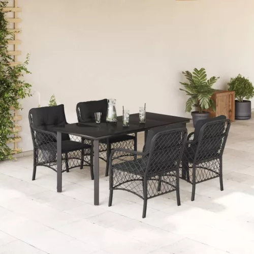 vidaXL 5 részes fekete polyrattan kerti étkezőgarnitúra párnákkal
