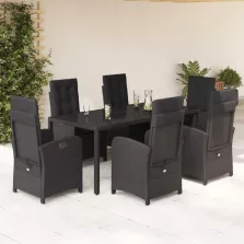   vidaXL 7 részes fekete polyrattan kerti étkezőgarnitúra párnával