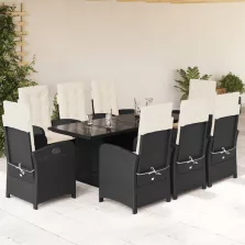   vidaXL 9 részes fekete polyrattan kerti étkezőgarnitúra párnákkal