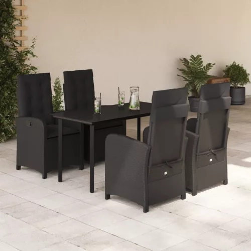 vidaXL 5 részes fekete polyrattan kerti étkezőgarnitúra párnákkal