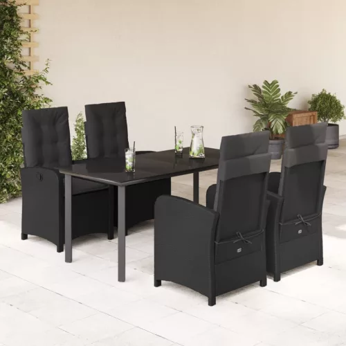vidaXL 5 részes fekete polyrattan kerti étkezőgarnitúra párnákkal