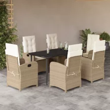   vidaXL 7 részes bézs polyrattan kerti étkezőgarnitúra párnákkal