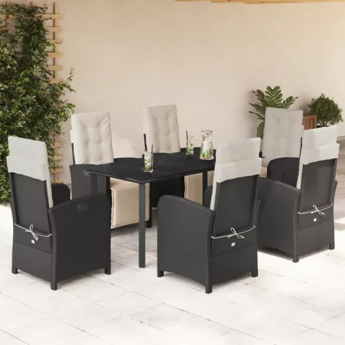 vidaXL 7 részes fekete polyrattan kerti étkezőgarnitúra párnával