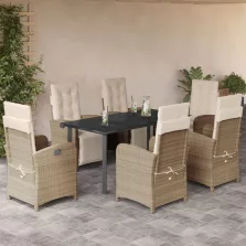   vidaXL 7 részes bézs polyrattan kerti étkezőgarnitúra párnákkal