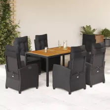   vidaXL 7 részes fekete polyrattan kerti étkezőgarnitúra párnával