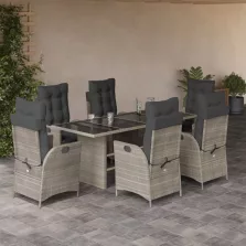   vidaXL 7 részes világosszürke polyrattan kerti étkezőszett párnával
