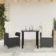   vidaXL 3 részes fekete polyrattan kerti étkezőgarnitúra párnákkal