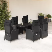   vidaXL 7 részes fekete polyrattan kerti étkezőgarnitúra párnával