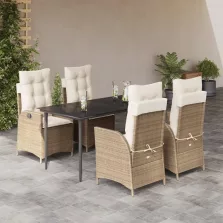   vidaXL 5 részes bézs polyrattan kerti étkezőgarnitúra párnákkal