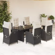  vidaXL 7 részes fekete polyrattan kerti étkezőgarnitúra párnával