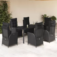   vidaXL 7 részes fekete polyrattan kerti étkezőgarnitúra párnával