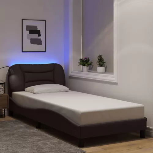 vidaXL sötétbarna szövet ágykeret LED-ekkel matrac nélkül Hvar 90x190 cm