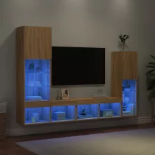   vidaXL 4 darab füstös tölgy színű szerelt fa TV-bútor LED-del