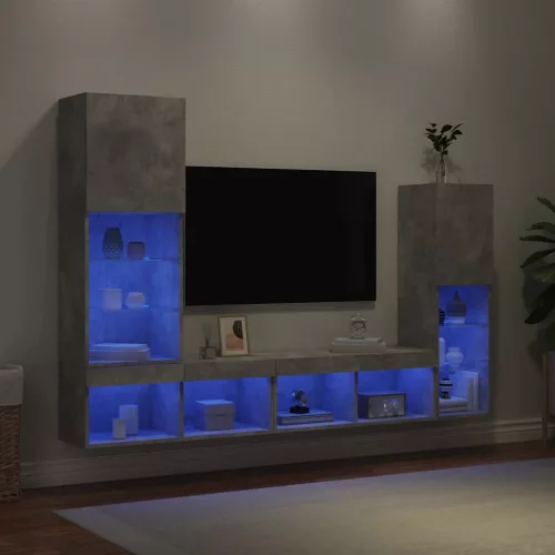 vidaXL 4 darab betonszürke szerelt fa fali TV-bútor LED-del