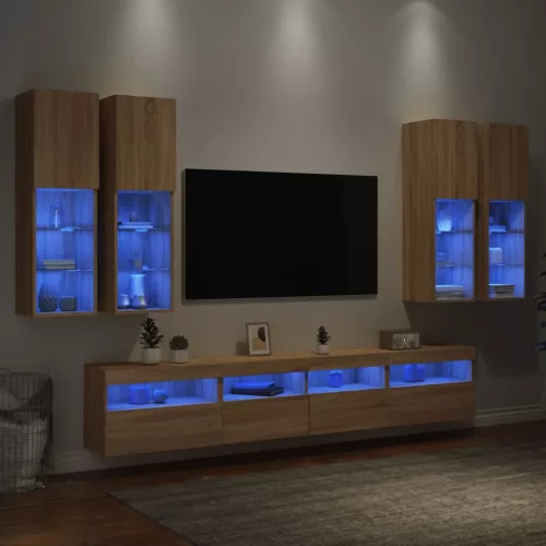 vidaXL 7 darab sonoma tölgy színű falra szerelhető TV-szekrény LED-del